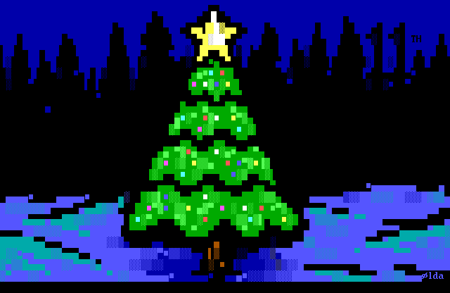 A brilliant Christmas tree, fully decorated, lights up an otherwise dark snow-covered forest clearing.