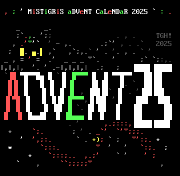 A slinky cat stares back at the viewer out of the darkness, hunkered down atop a logo reading ADVENT25.  Beneath, a red ribbon tied to its tail jingles a tiny yellow bell.