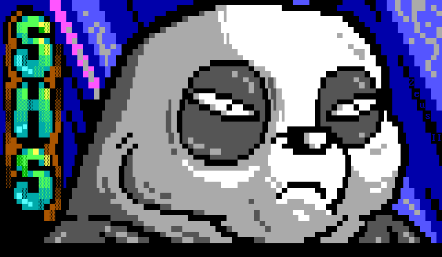 A dour panda bear surveys a situation with squinty eyes and a frown before a blue background.