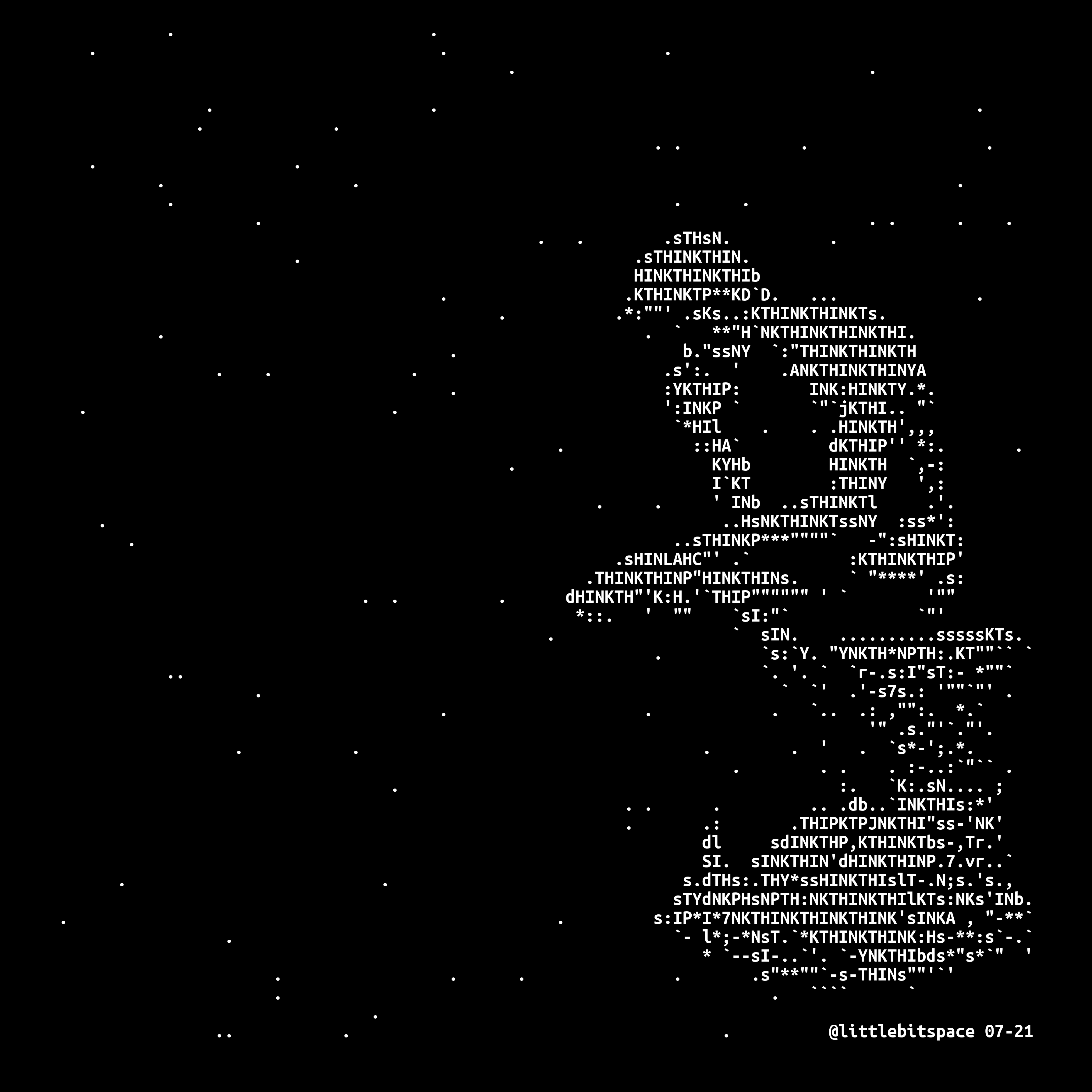 In a dark, starry space, a pensive nude man, sitting on a pedestal, hunches over while resting his chin on one hand.