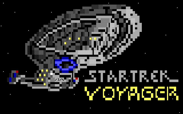 A pointy Federation starship (labelled as the Voyager) approaches the viewer deep in space.