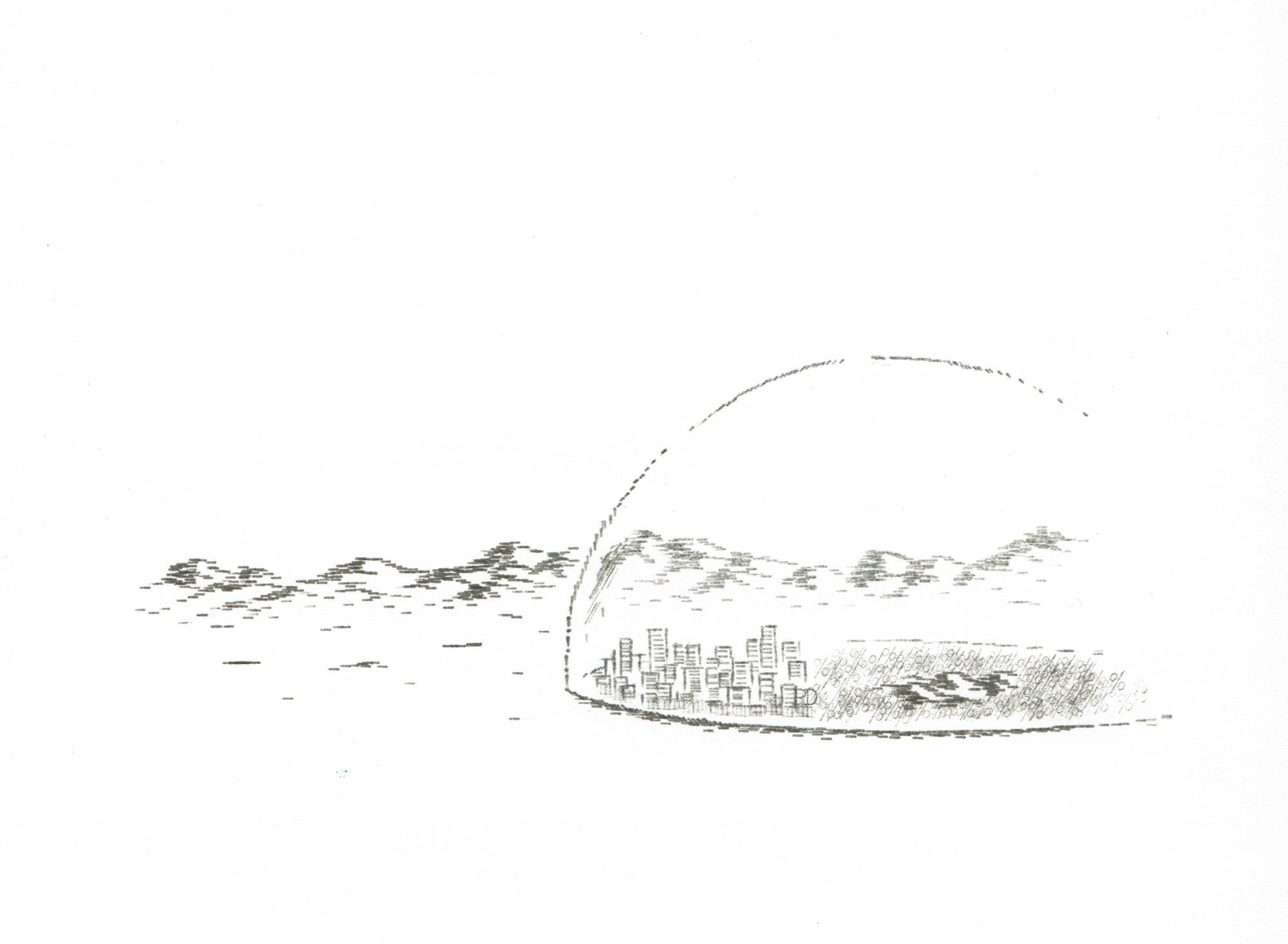 Marking an otherwise empty, lifeless landscape of rocks and small hills, a giant transparent dome contains a couple dozen high-rise buildings and a large area that has fallen into ruin and rubble.