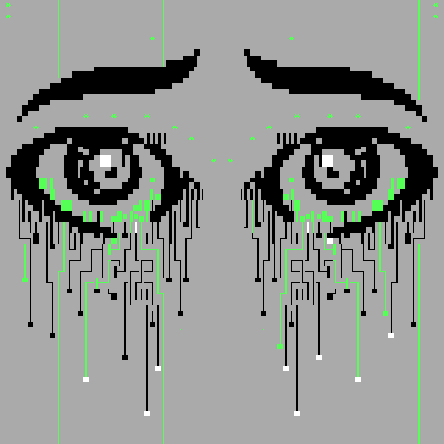 A pair of cartoonishly large and reflective eyes, beneath a set of shapely eyebrows, float in greyness, filling with fauvist green tears that leak down, leaving box-drawing character trails like circuit diagrams.