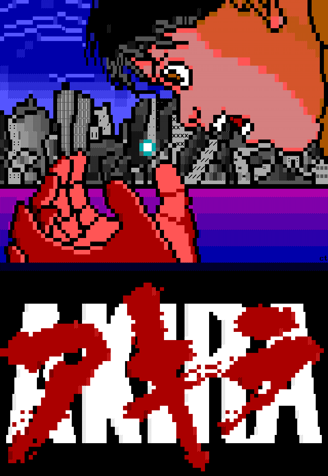 A biker catches a glowing speck in his red-gloved hands, before the ruins of Neo-Tokyo s 2020 Olympic village.
