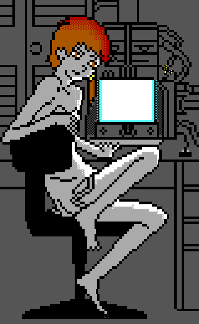 A young woman in shorts and a slip sits in a darkened computer room, lit solely by the illumination provided by the display.