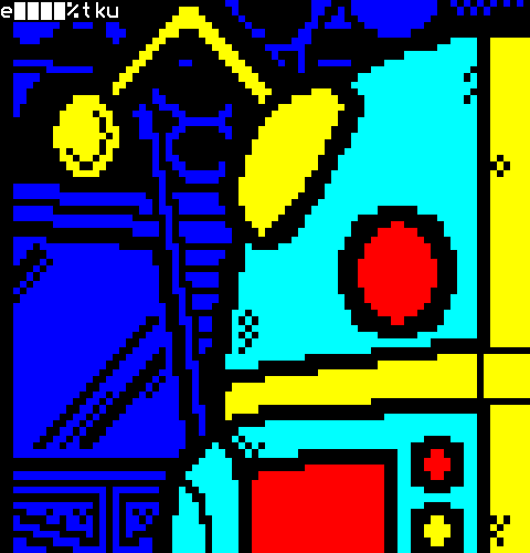 A colourful robot with a dangling antenna prepares to share some critical output with a wall full of machinery and panels behind it.