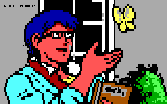 A glasses-wearing young man goes outside, sees a yellow butterfly fluttering by and inquires whether it is an ANSI.  (As it so happens, it is.)