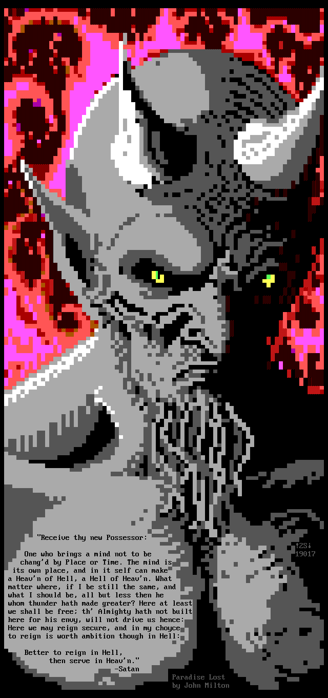 A scowling, sneering glum devil, yellow eyes downcast with horns sprouting from its temples like rose thorns and a thicket of unruly locks sprouting from its chin, sulks in front of an eruption of neon purple-red flames.  Superimposed on his right pectoral muscle is a passage from John Milton s Paradise Lost.