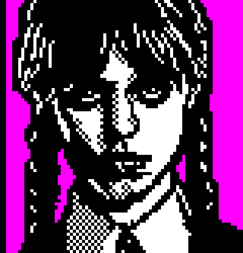 A pale girl, half in shadow, with two dark braids of hair and an intense gaze looks out at the viewer.