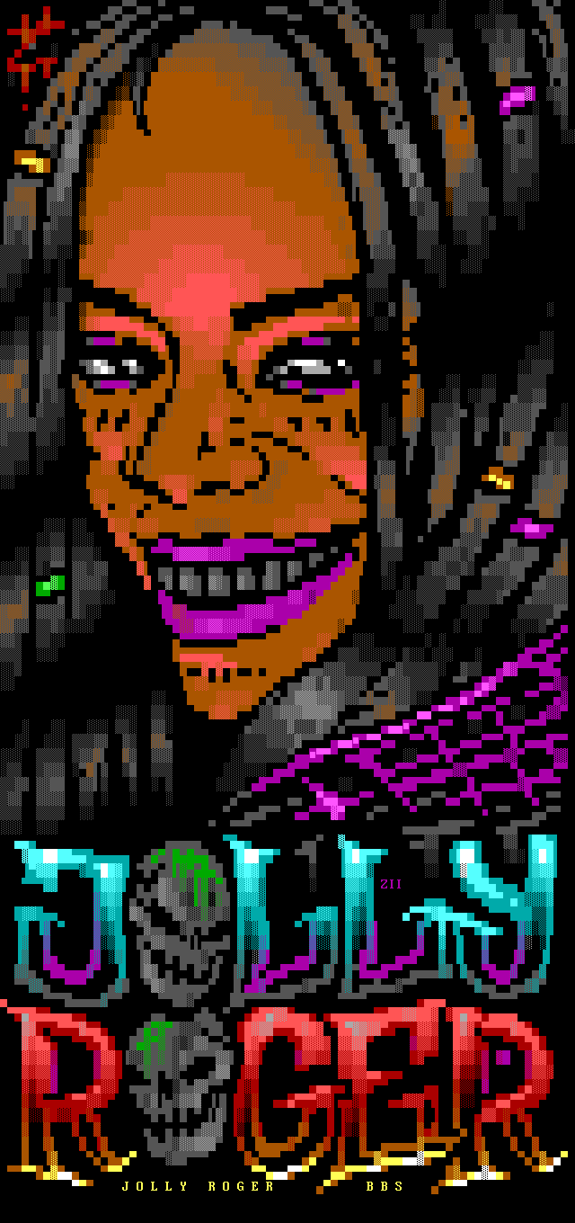 A sly woman wearing her hair in colourfully-ringed dreadlocks looks through pink eyelids and smiles through an offputtingly wide and toothy grey grin between pink lips. Beneath her face, a turquoise logo reads Jolly and a red logo reads Roger, with the O in both words substituted with grey grinning skulls. I think she means to bite us.