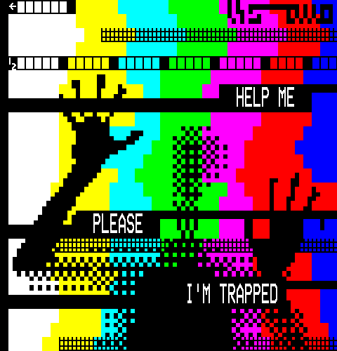 Emerging from a wobbly, distorted and glitchy television test pattern background of coloured stripes (white, yellow, cyan, green, purple, red, blue) is hazily visible the black silhouette of a person on the other side of the screen, pressing their hands and body against the glass in an attempt to get your attention and escape from their prison, posting the words HELP ME / PLEASE / I AM TRAPPED alongside their shadow