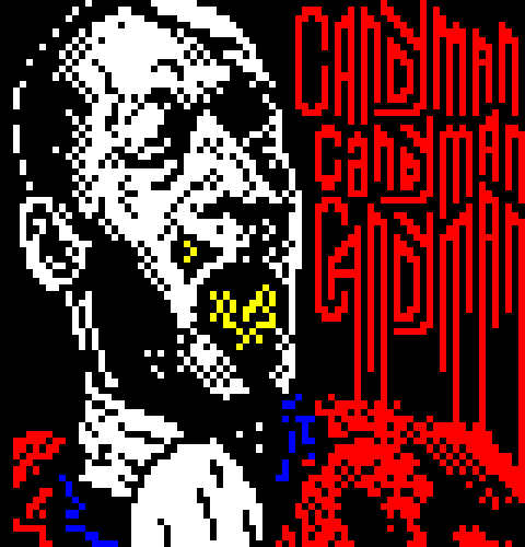 A torrent of bees emerges from the open mouth of a dapper man in a fur coat, while the word Candyman is written three times in the background.
