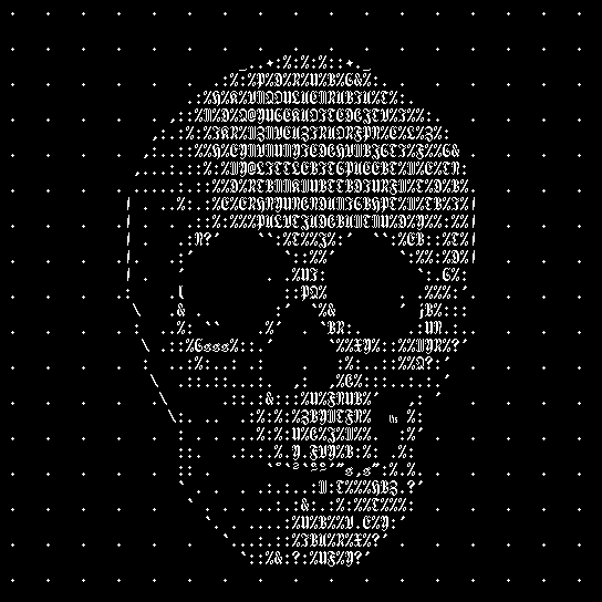 A clean human skull, formed entirely out of gothic letters and punctuation marks, meets the viewer s gaze dead-on.