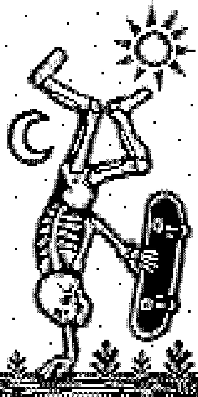 a skeleton skateboarder does a one-arm handstand mid-trick (holding his deck in his other bony claw) while the sun and moon wheel above his kicking foot-bones... all rendered in a woodcut style by way of monochrome ANSI art.