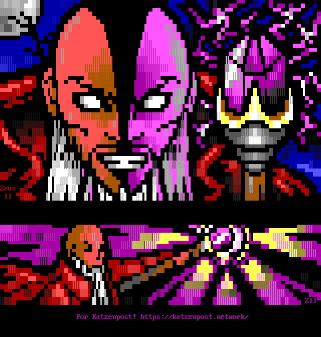 Two views of a bald, bearded wizard in red robes, channeling magick through his purple-crystal-topped staff.