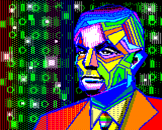 A wildly colourful, polygonal portrait of a perceptive man in a suit, against a backdrop cyberscape of information