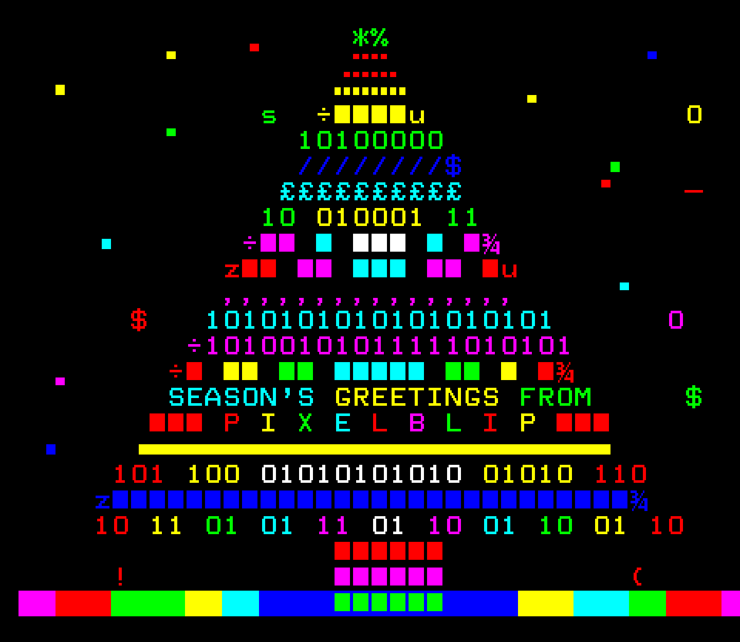 The approximate shape of a pine tree is described in colourful binary numbers, punctuation marks and flashing symbols.