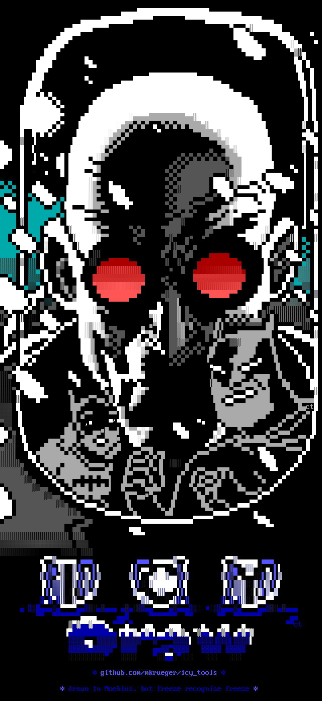 A bald man wearing red goggles in  a transparent dome helmet must be facing Batman and Batgirl, who are reflected through snowflakes in its front.  Beneath a logo reads ICY, embedded in ice cubes, and Draw, with frost on top.