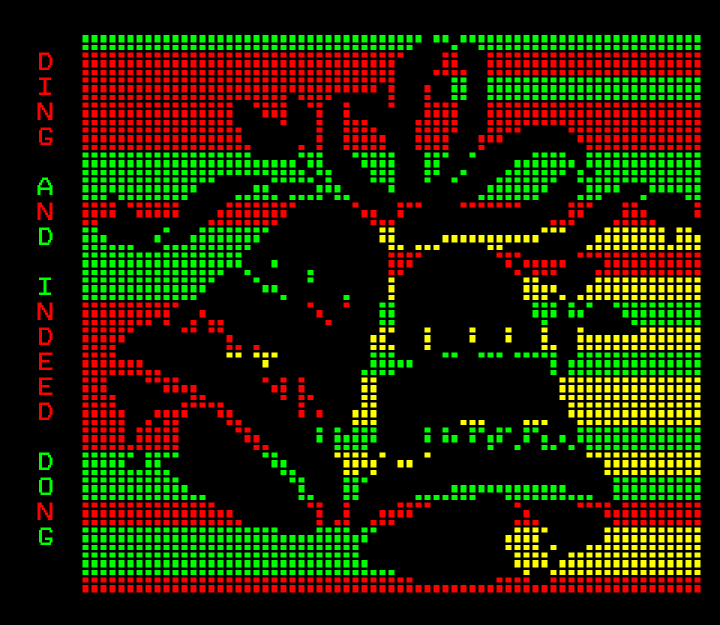 A pair of patterned, ribboned bells ring merrily in negative space against red and green pixellated merriment