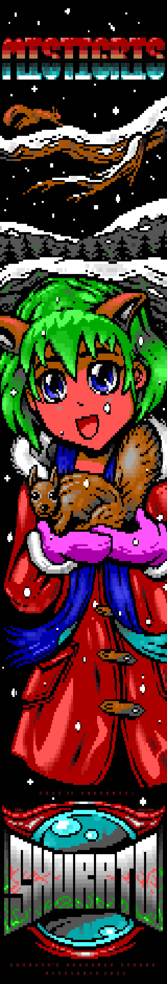 In a wintery landscape, a catgirl, all bundled up, merrily holds a squirrel.